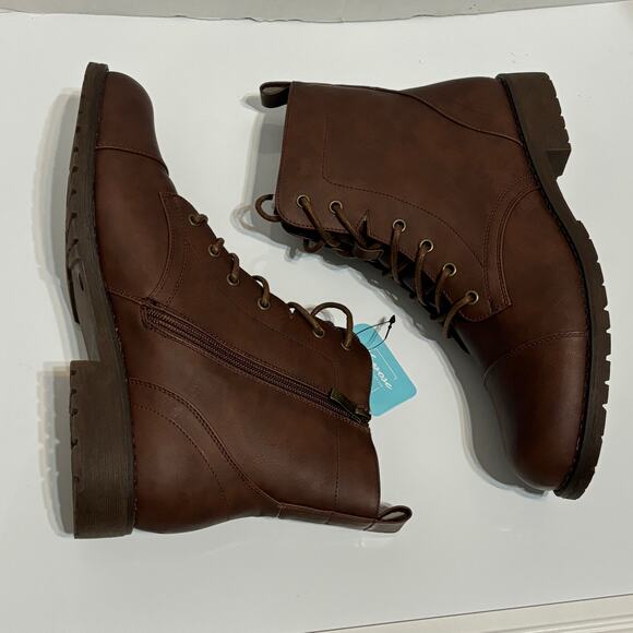 Vepose Cognac Lace up Low Heel Fashion Combat Booties Ankle Boots NIB Size 11 - Picture 3 of 10